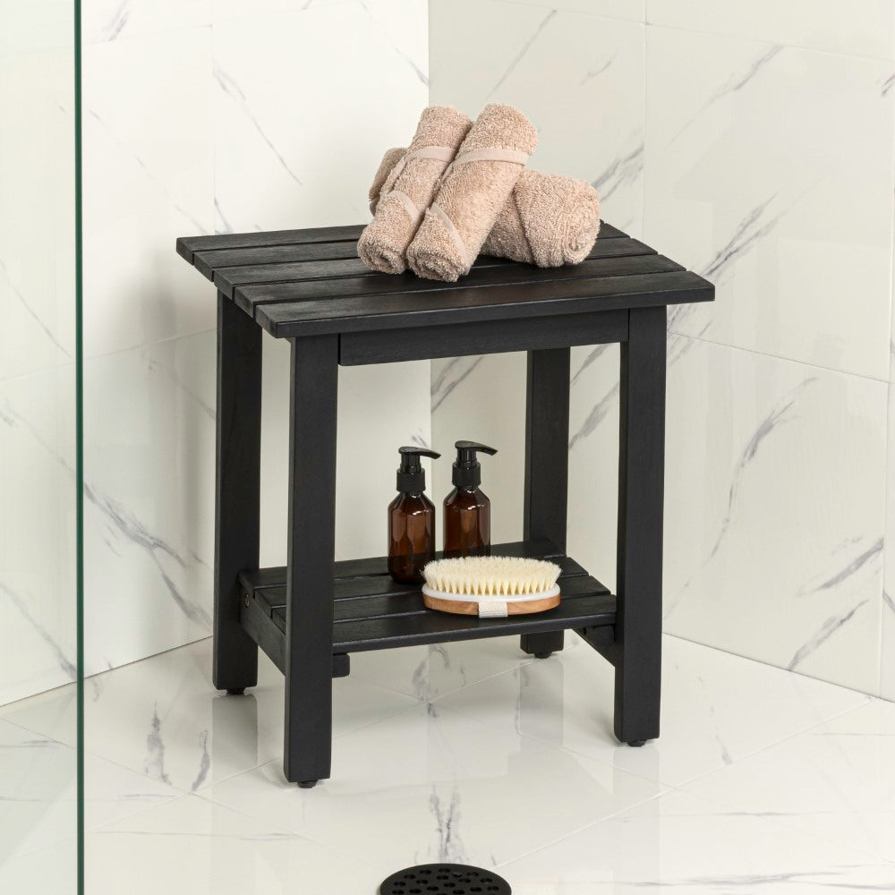 Lumara 16.1" Cottage Classic Slatted Solid Acacia Wood Indoor/Outdoor Shower Bench with Shelf - Image 4