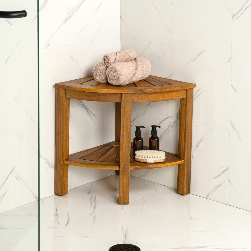 Mossen 18" Classic Coastal Solid Acacia Wood Indoor/Outdoor Corner Shower Bench with Shelf - Image 2