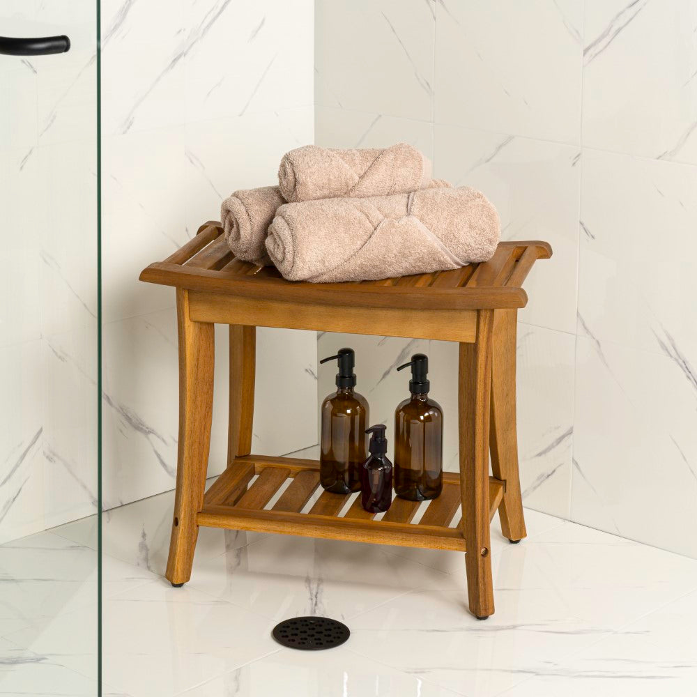 Ferra 22.1" Traditional Classic Slatted Solid Acacia Wood Indoor/Outdoor Shower Bench with Shelf and Handle - Image 2