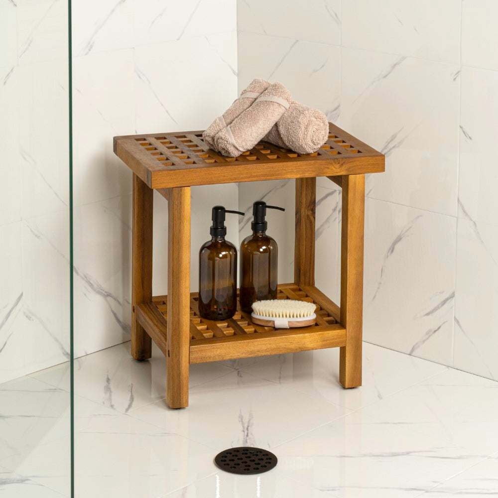 Liora 18.1" Modern Classic Grid Slat Solid Acacia Wood Indoor/Outdoor Shower Stool - Image 2